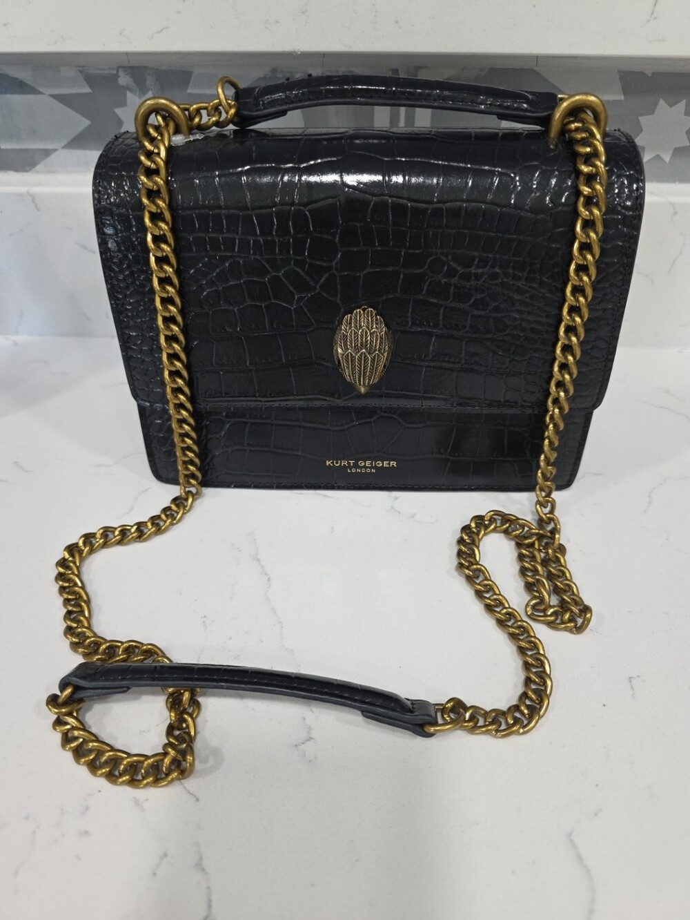 KURT GEIGER LONDON SHOREDITCH CROCODILE EMBOSSED CROSSBODY BAG IN BLACK